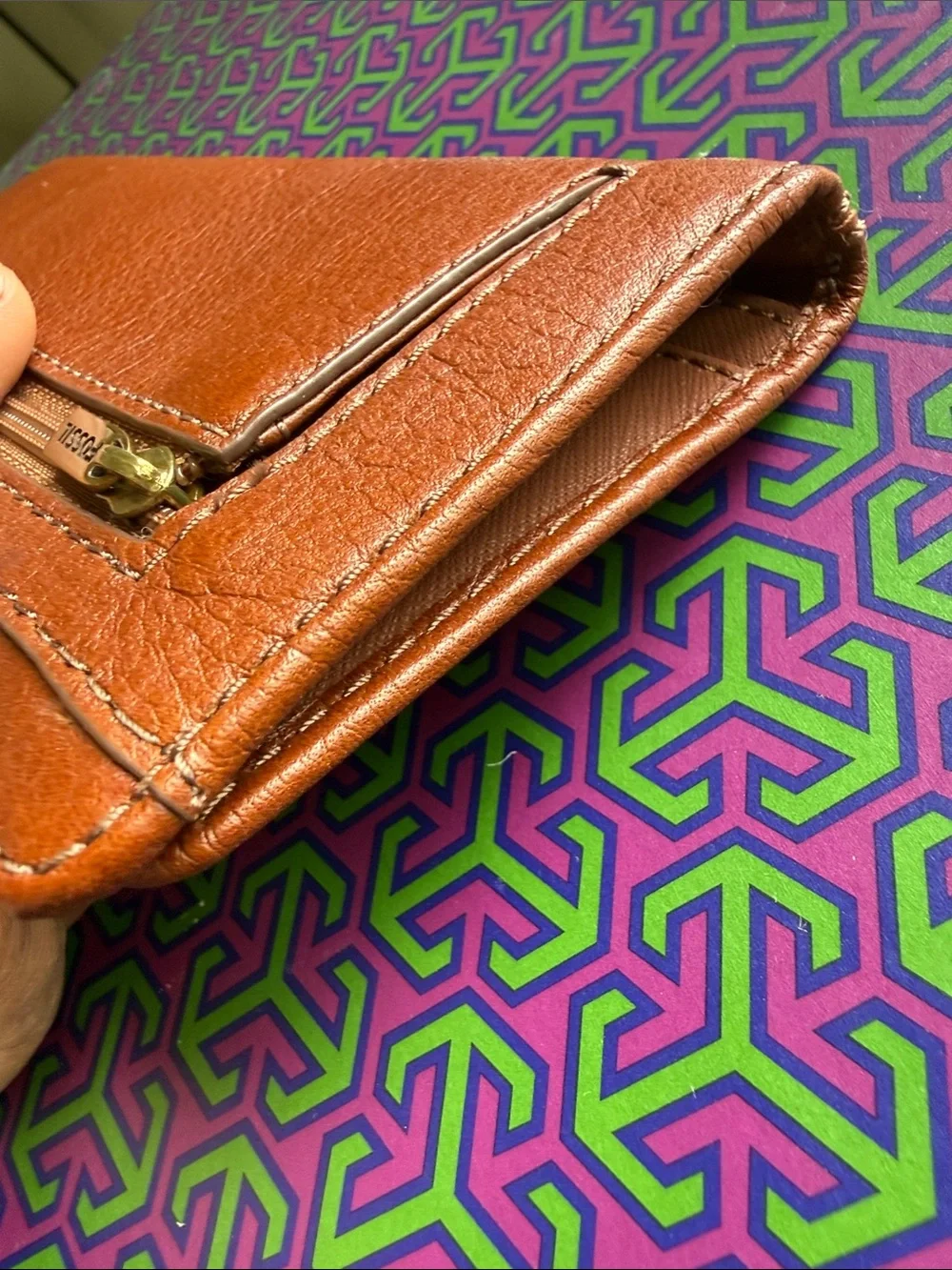 Fossil Warm Brown Leather Snap Wallet with Gold Logo